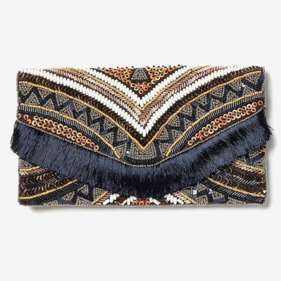 Express Handbags - EXPRESS, NAVY BLUE beaded fringe flap clutch